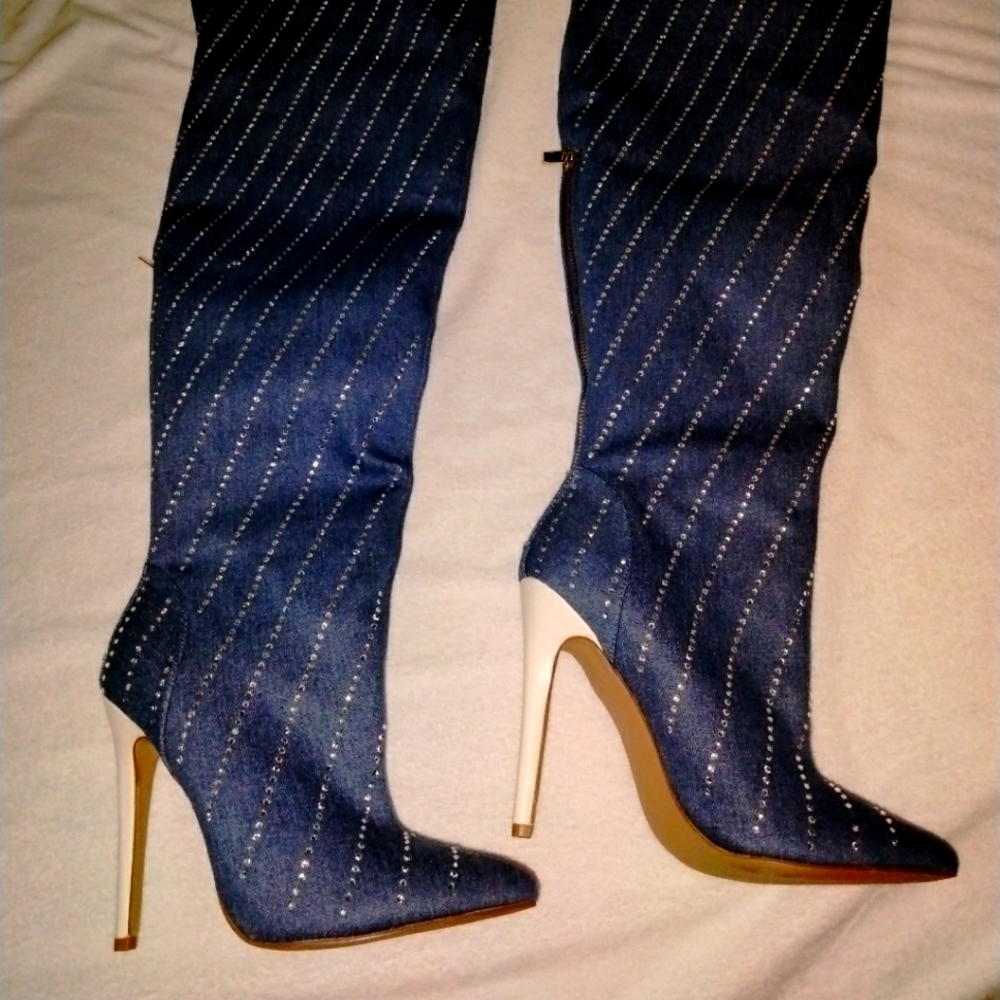 Shoe dazzle denim knee high boots